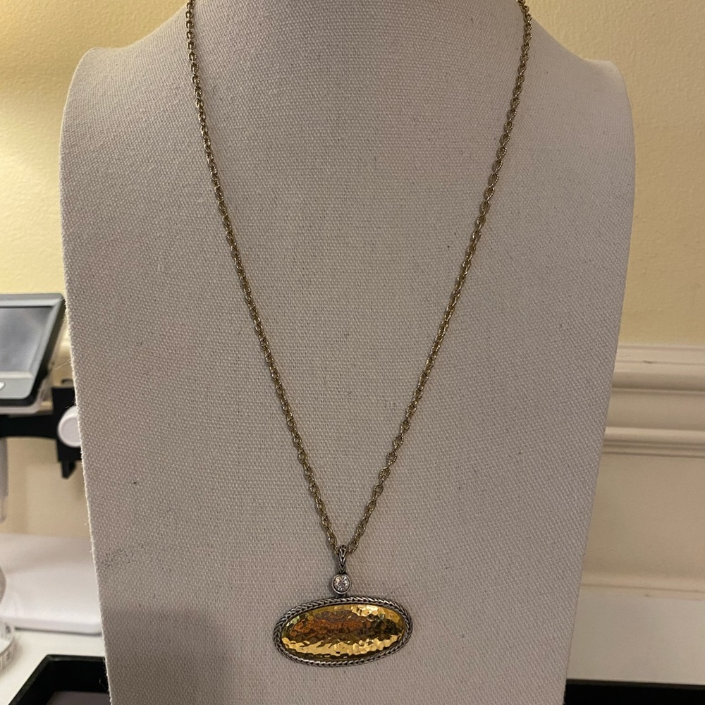 Gold Tone Oval Pendant Necklace with Textured Center - Picture 5 of 8